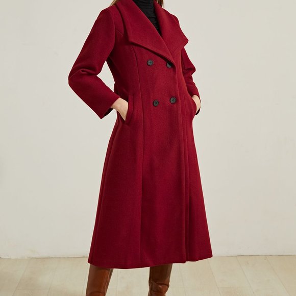 WIDE LAPEL WOOL DOUBLE-BREASTED FLARE LONGLINE COAT IN RED - Picture 2 of 3